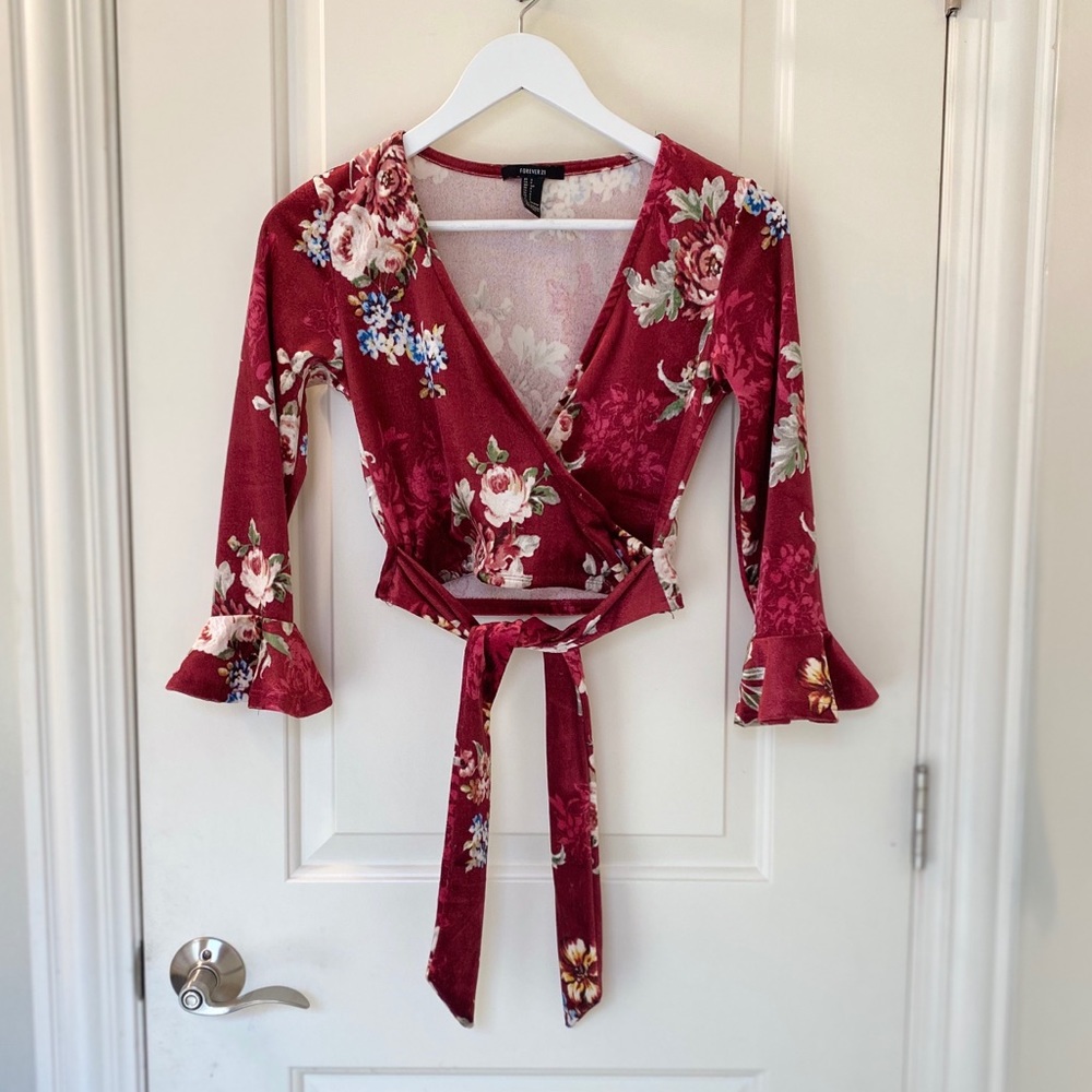 Forever 21 Red Velvet Floral Wrap Crop Top